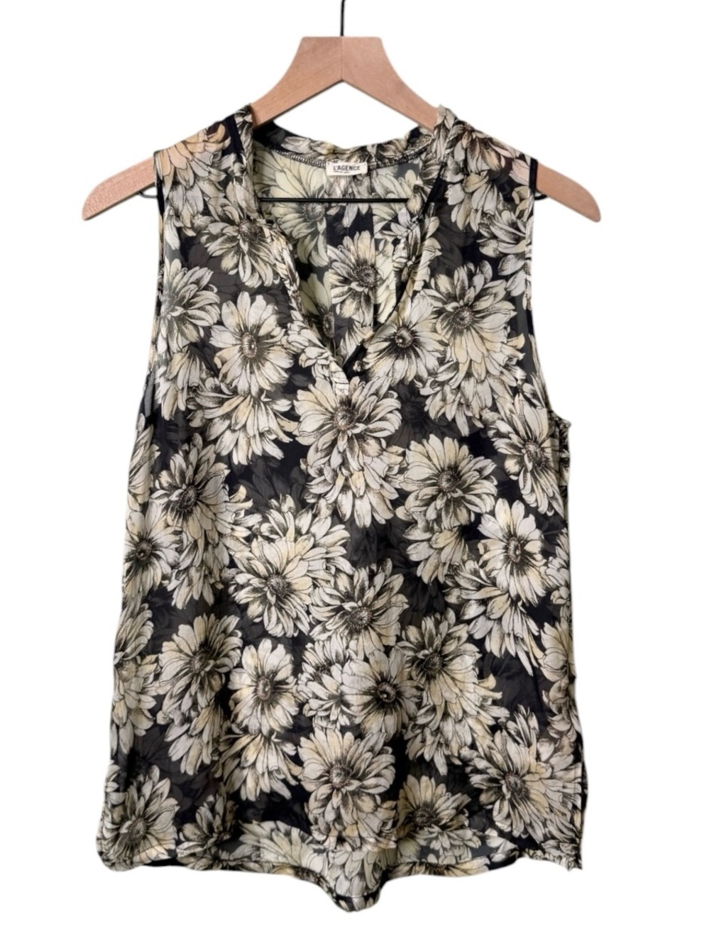 L’agence Silk Floral Sleeveless Blouse Split Neck Black White Yellow Size 0